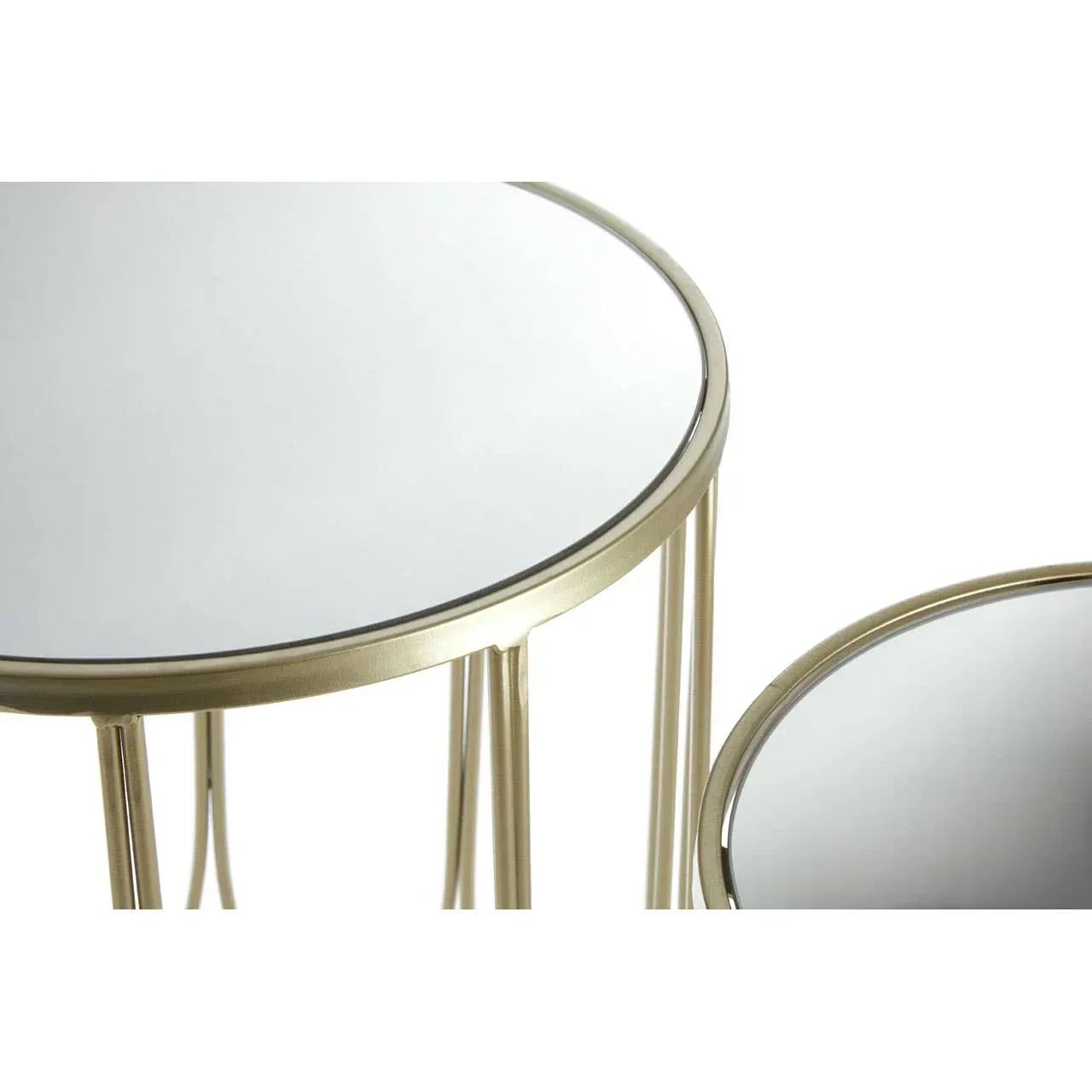 Set of round glass top side tables with gold metal frames, close up angle