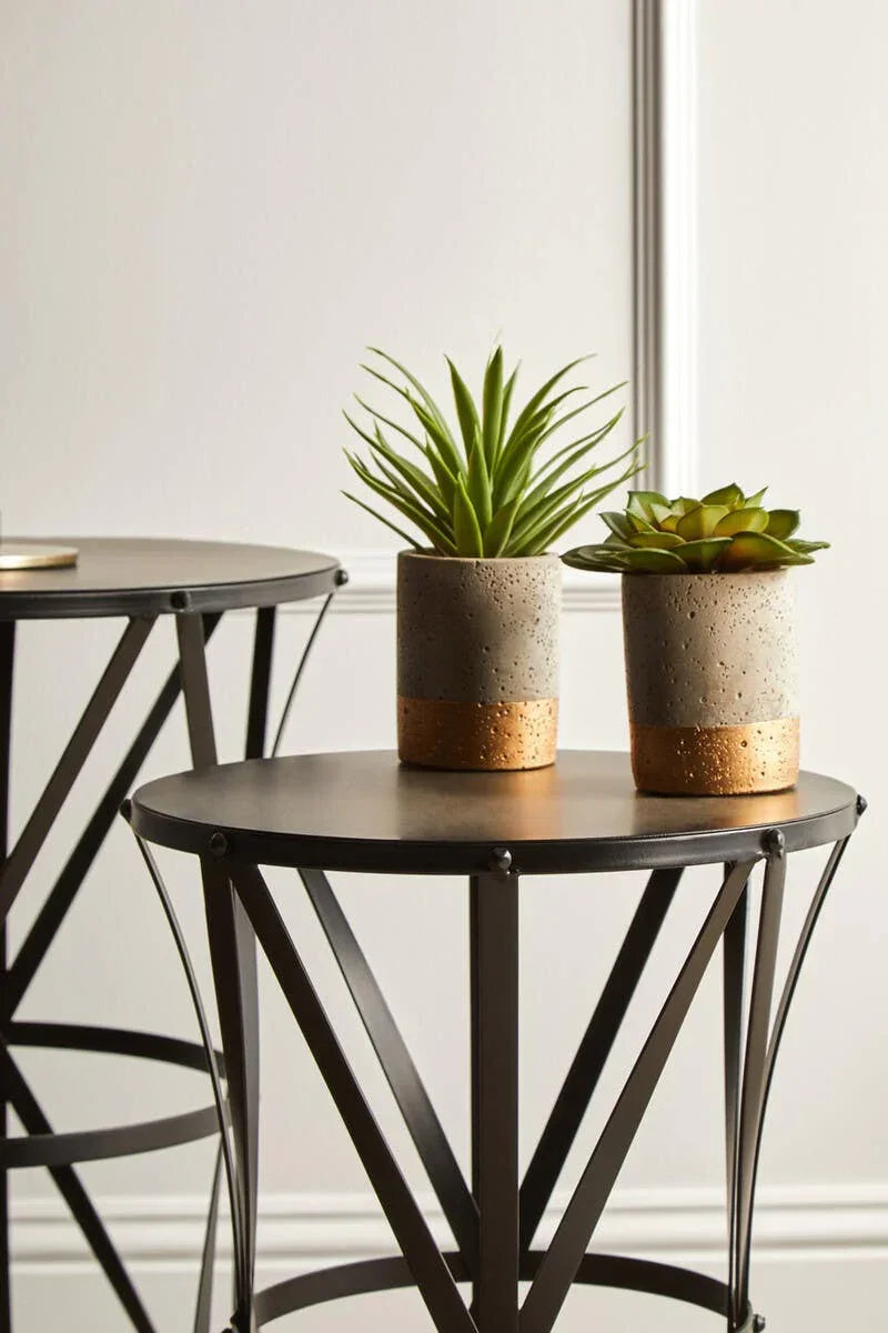 Round metal side table with black frame and two concrete plant pots with gold base