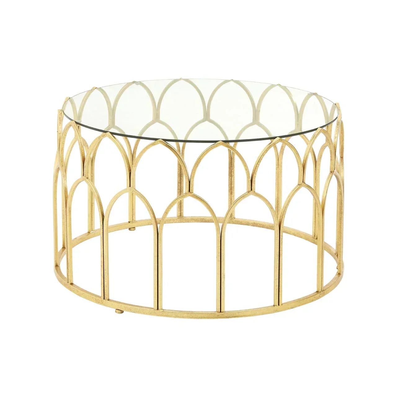 Round glass coffee table with gold metal base and arched pattern design