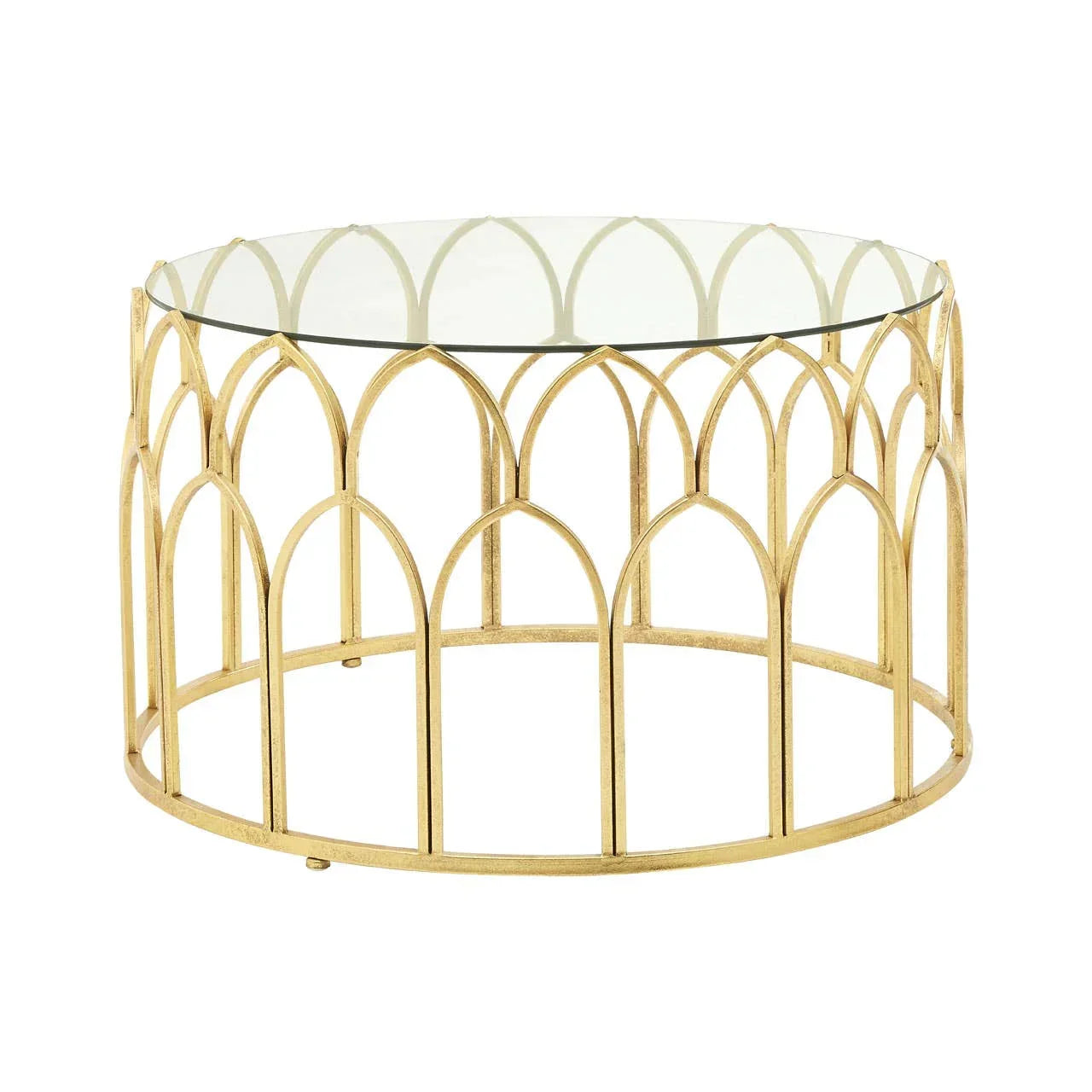 Round glass top coffee table with gold metal frame and geometric arch design