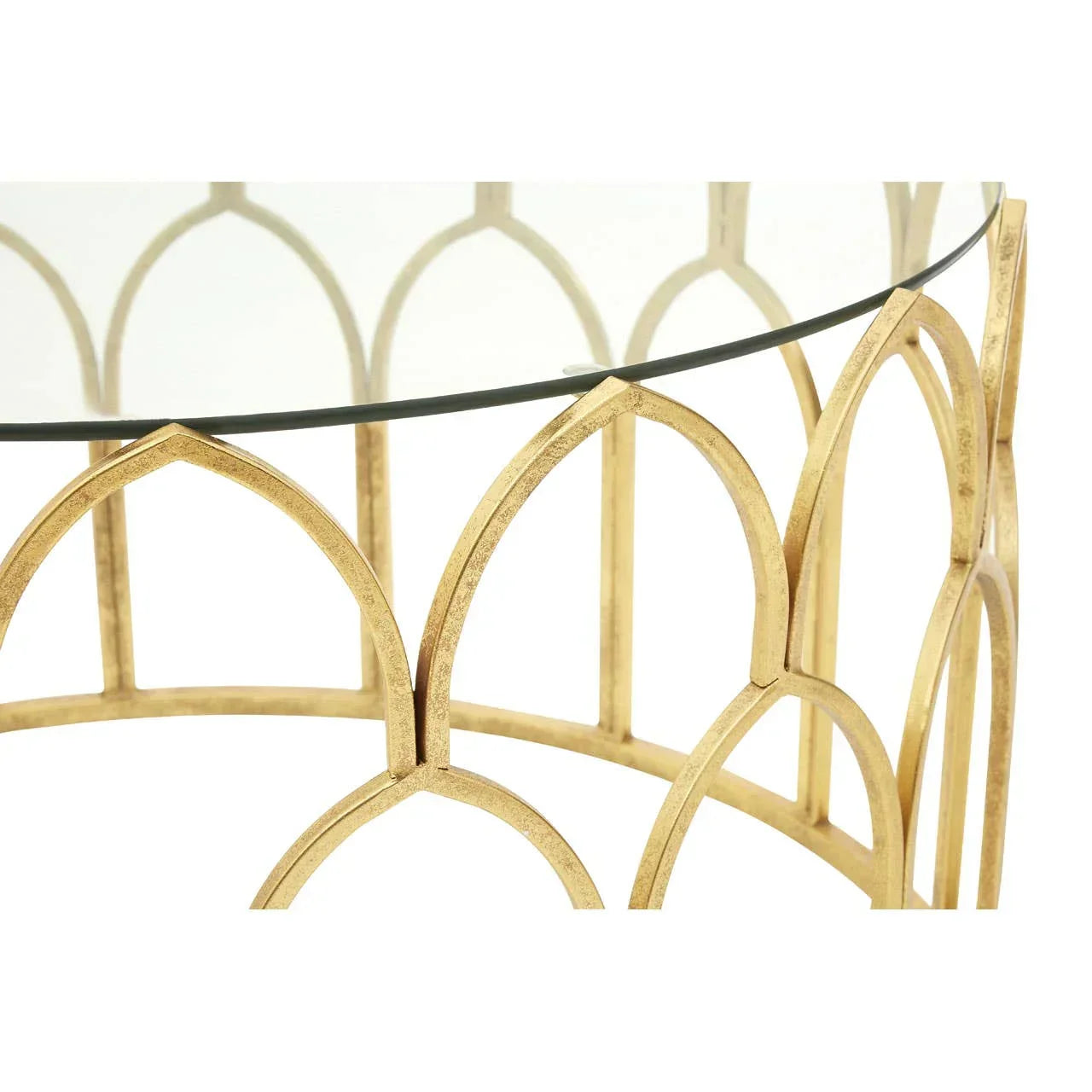 Round glass top coffee table with gold metal geometric base, close-up detail view