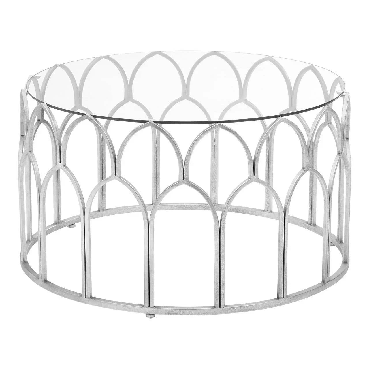 Round glass coffee table with silver metal frame and arched geometric pattern