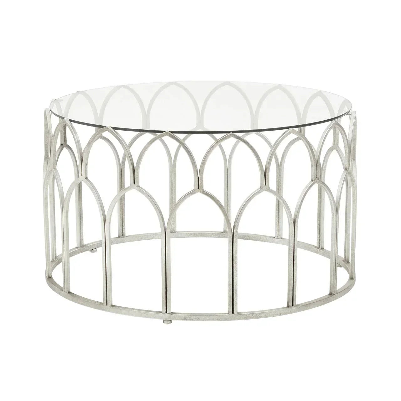 Round glass coffee table with silver metal frame and arched pattern detail