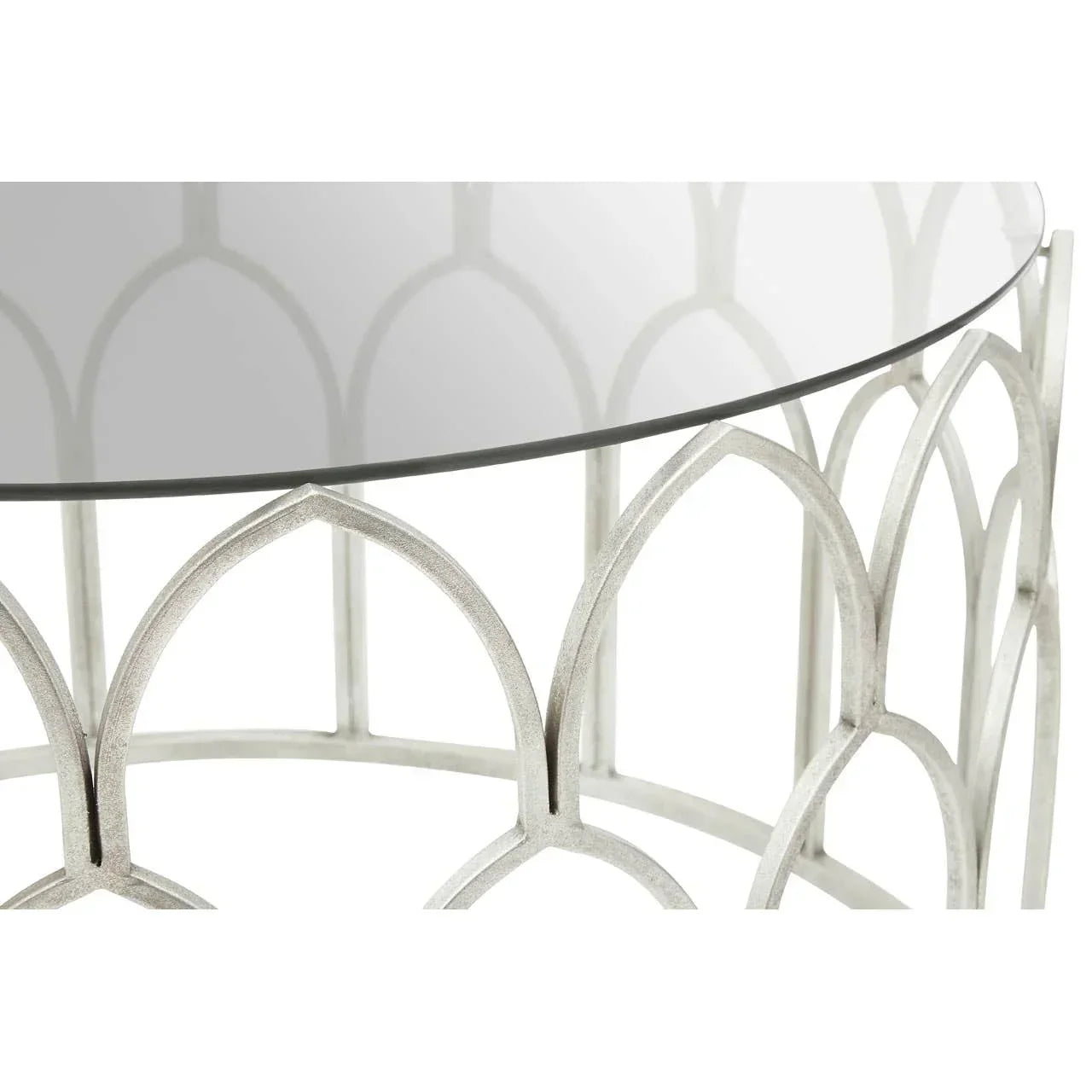 Glass top coffee table with silver metal frame and geometric arch design