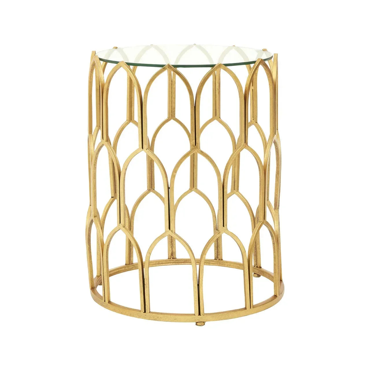 Gold metal side table with glass top and geometric openwork design