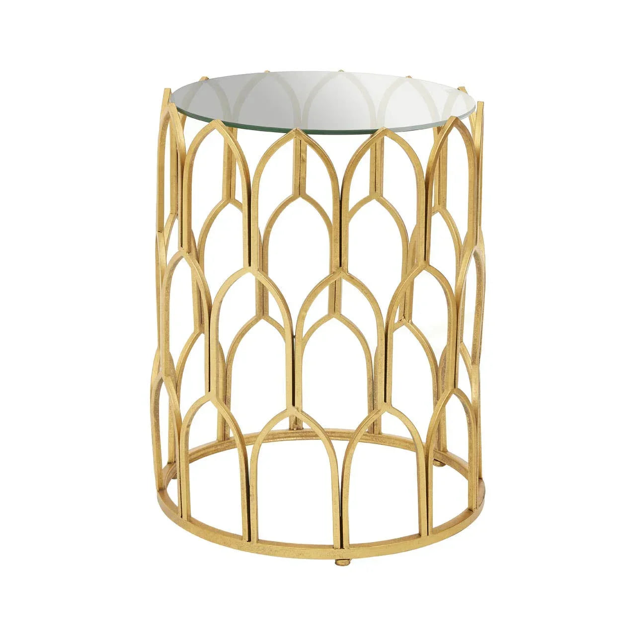 Round glass top side table with gold metal geometric frame