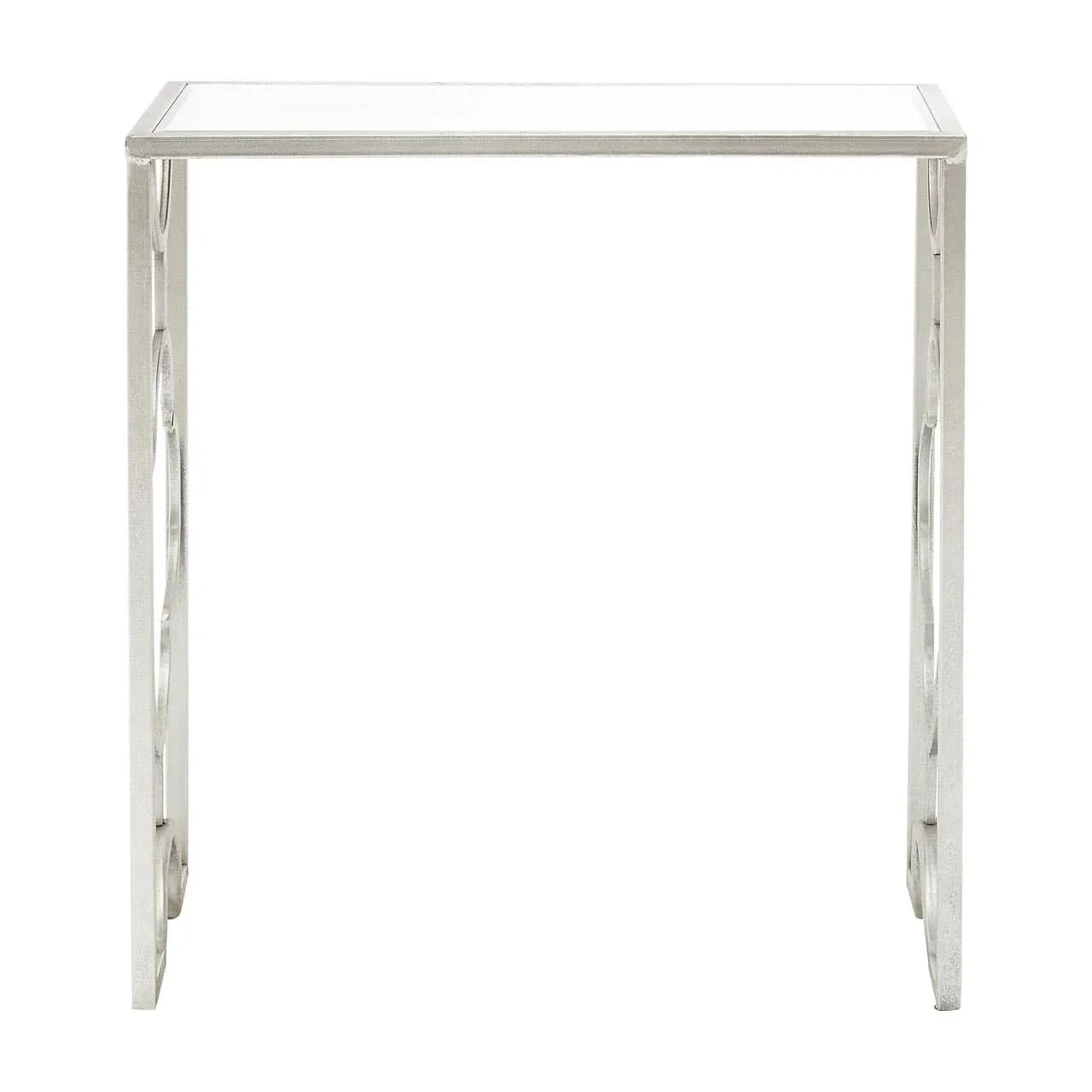 Silver metal console table with clear glass top and geometric leg design