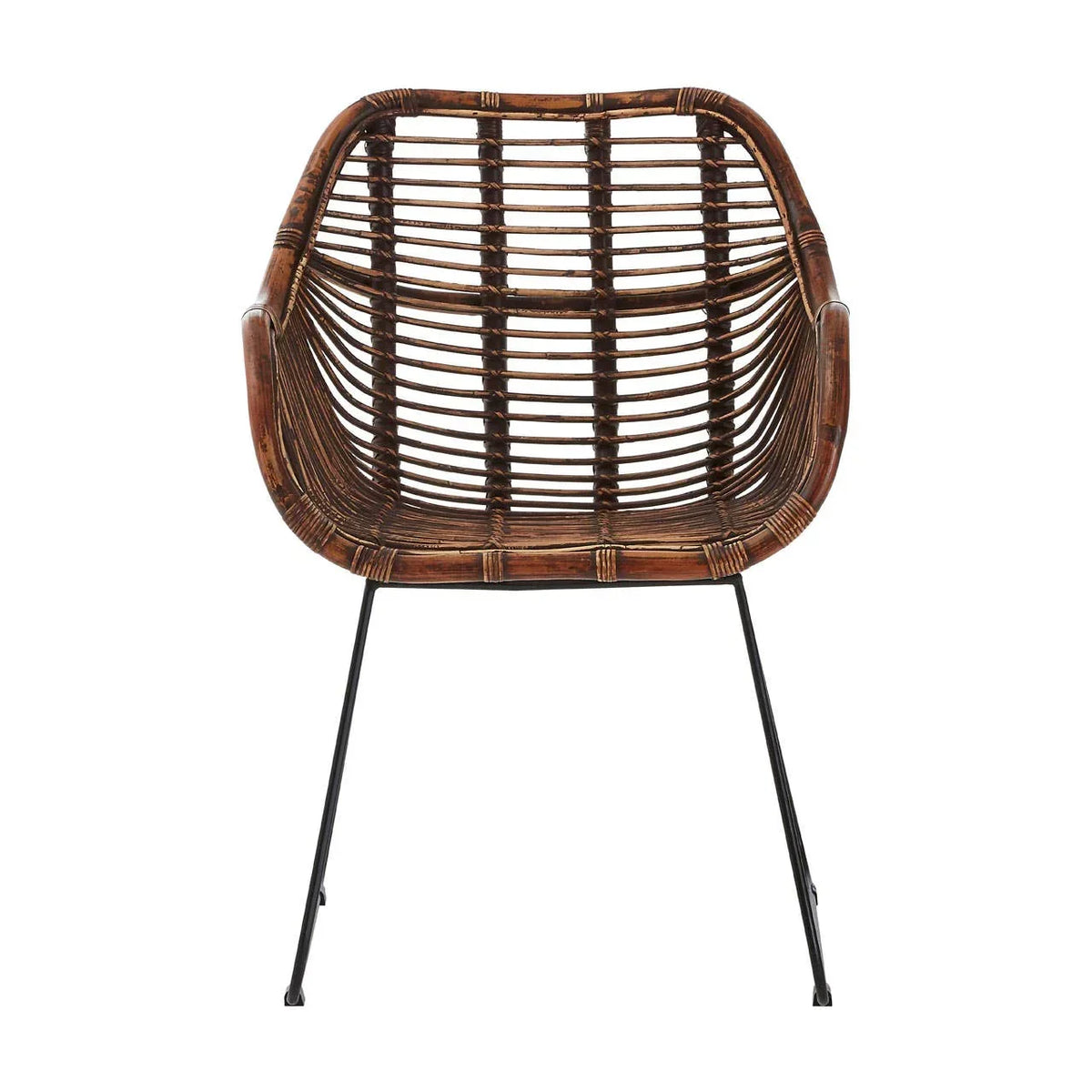 Brown rattan accent chair with curved seat and black metal legs, front view