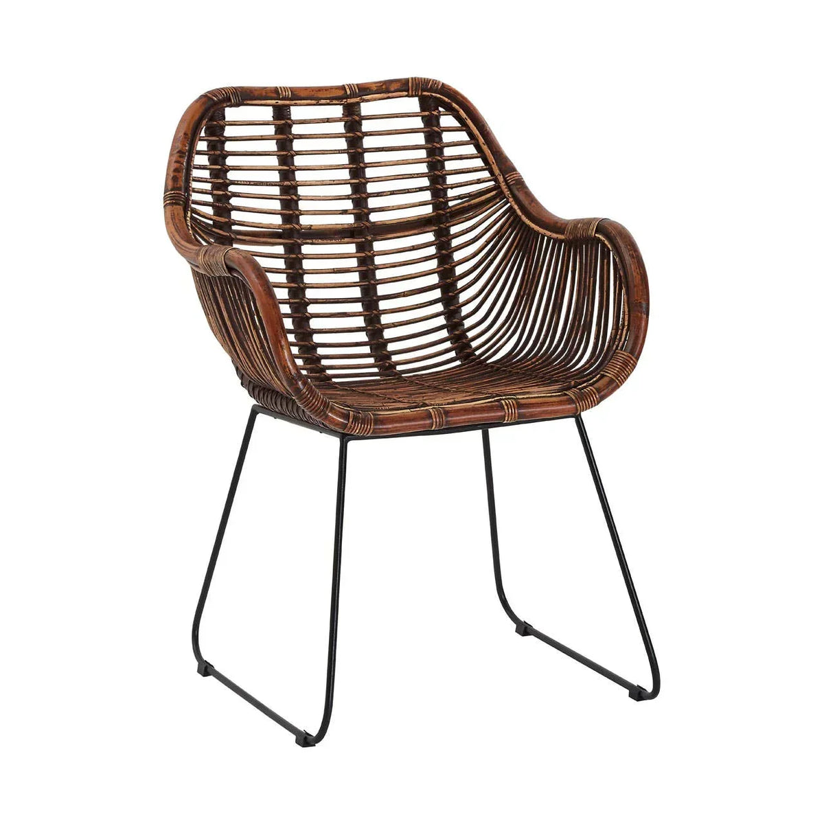 Brown rattan dining chair with curved armrests and black metal legs