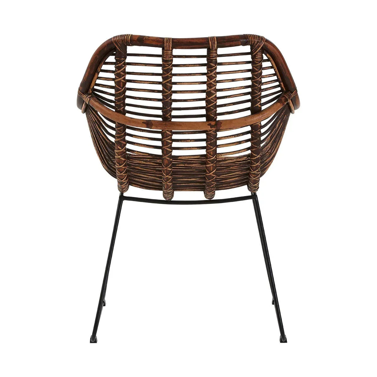 Brown rattan accent chair with woven backrest and black metal legs, rear view