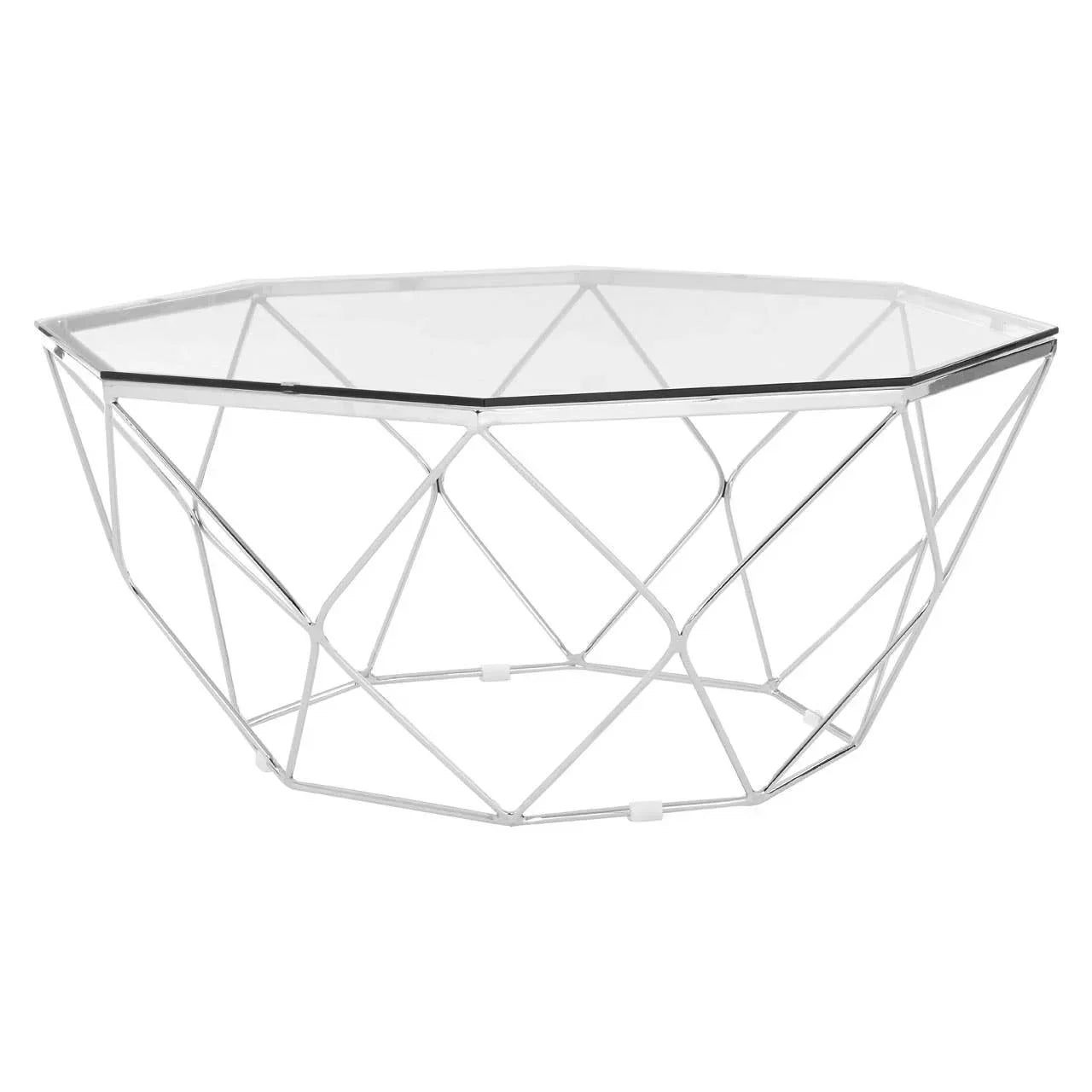 Geometric coffee table with clear glass top and chrome metal wireframe base