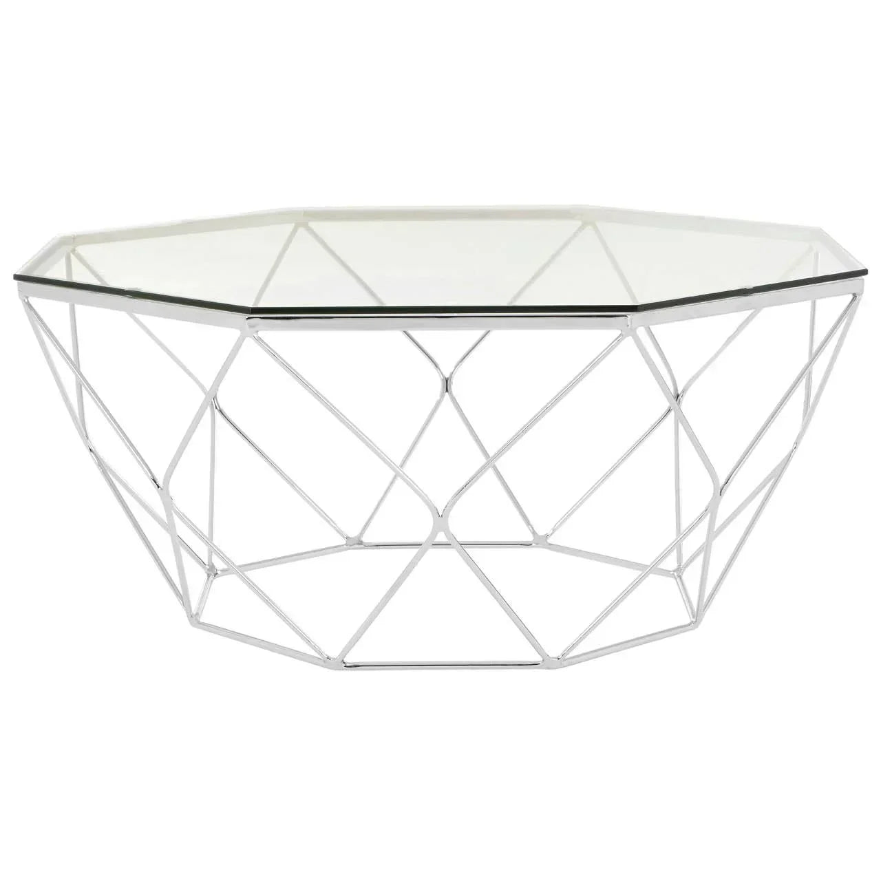 Glass top coffee table with geometric chrome metal frame, modern living room furniture