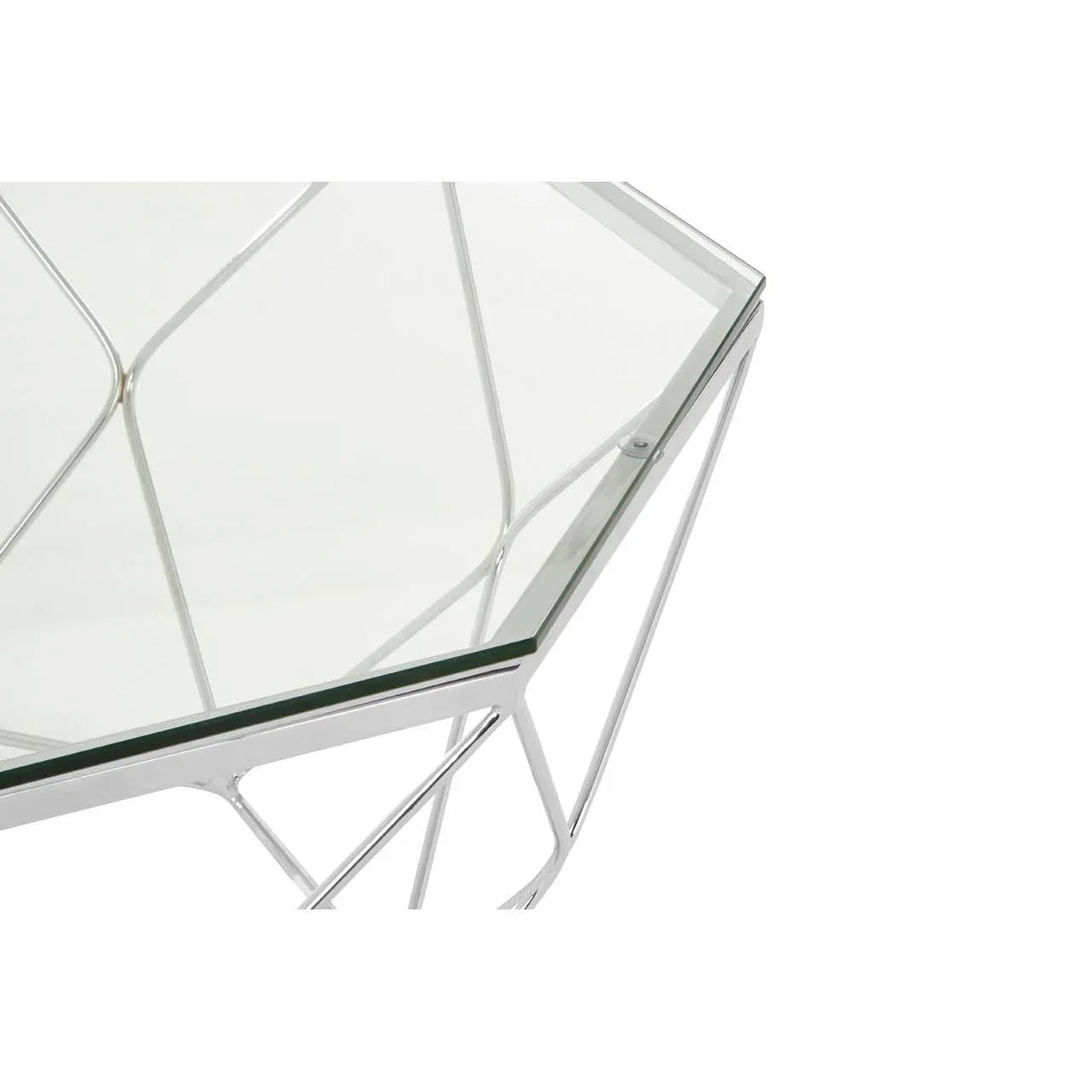 Glass top coffee table with chrome metal frame, close-up of geometric edge and surface