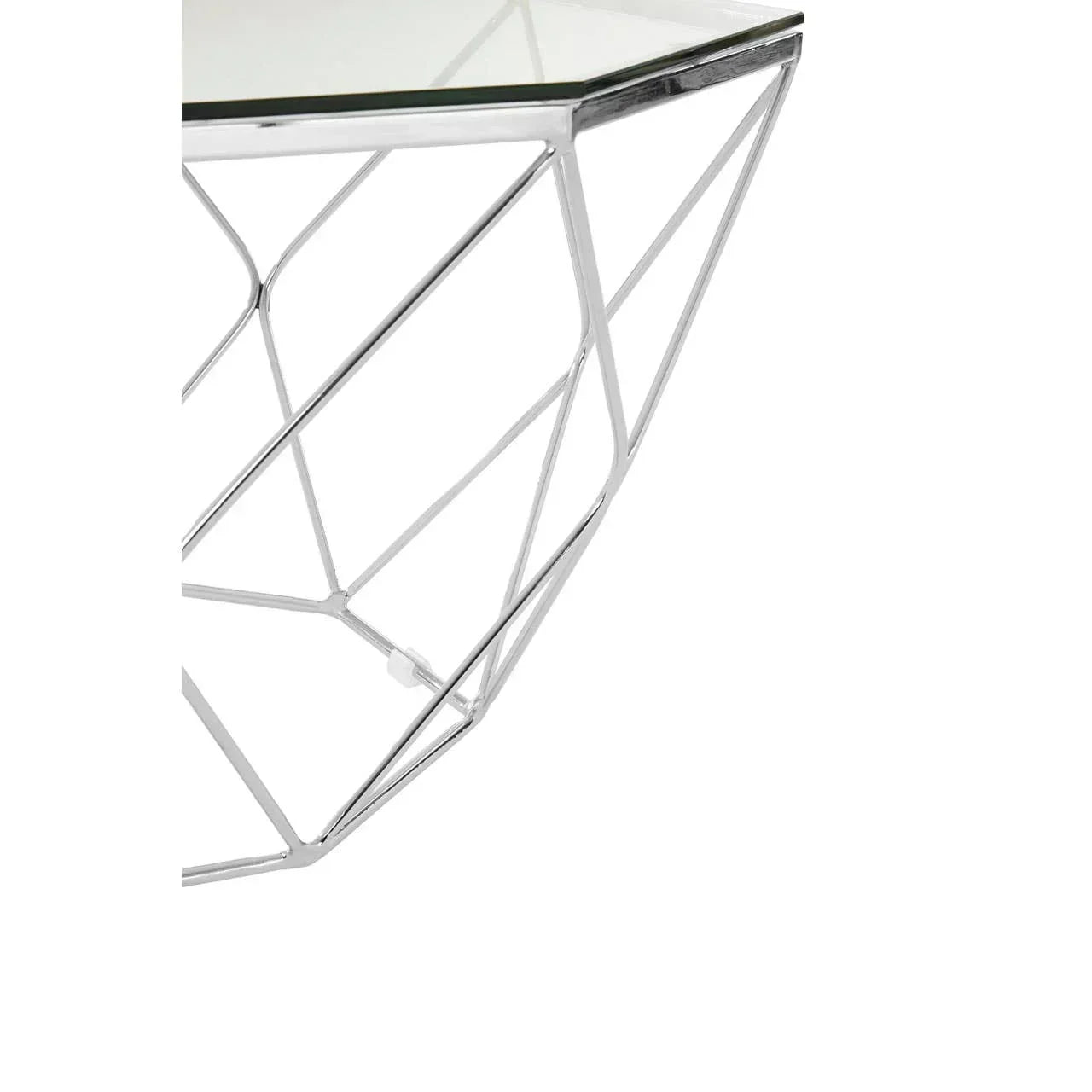 Glass coffee table with geometric chrome metal frame, angled close-up view