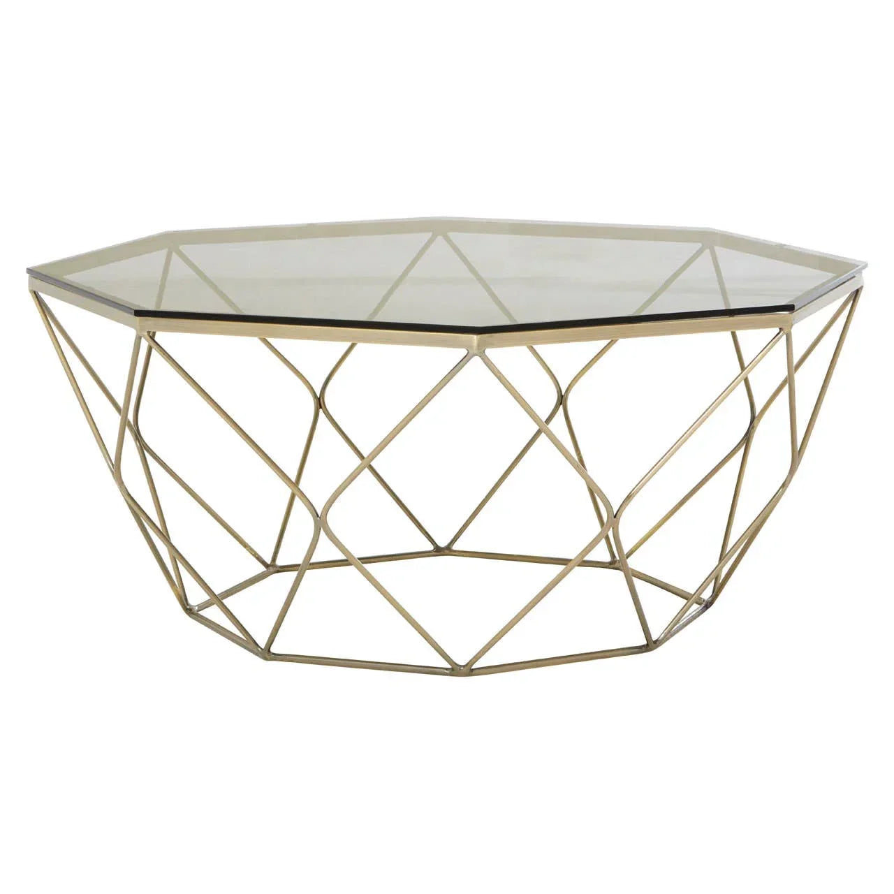 Glass top coffee table with gold geometric metal frame on white background