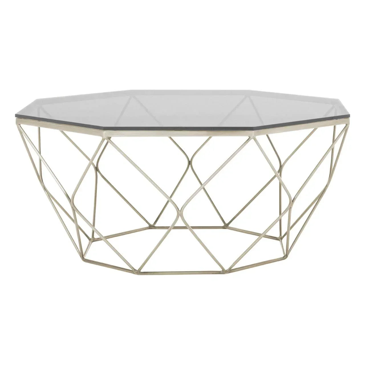 Geometric metal and glass coffee table with octagonal top, modern living room furniture