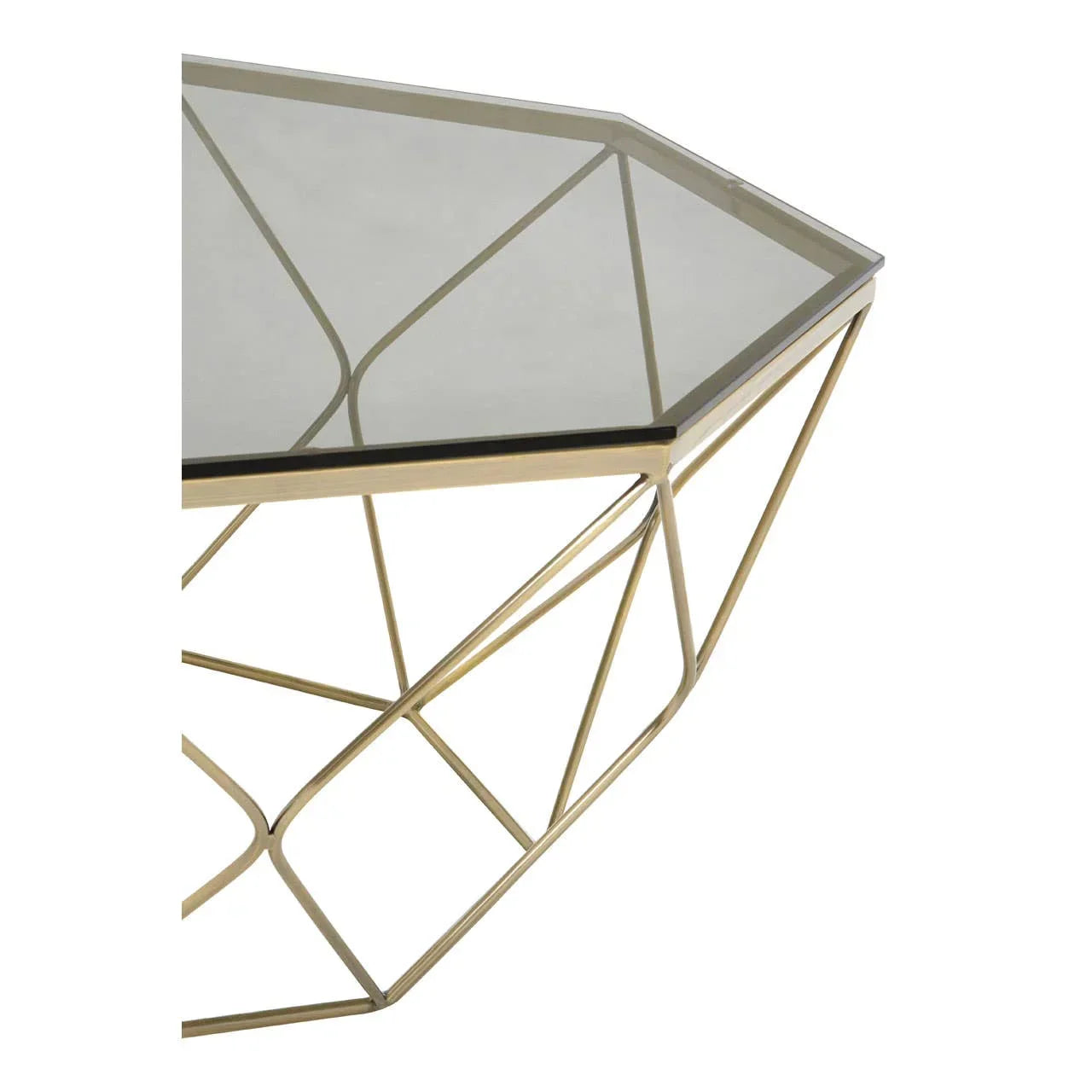 Geometric metal coffee table with gold frame and clear glass top, close view of corner