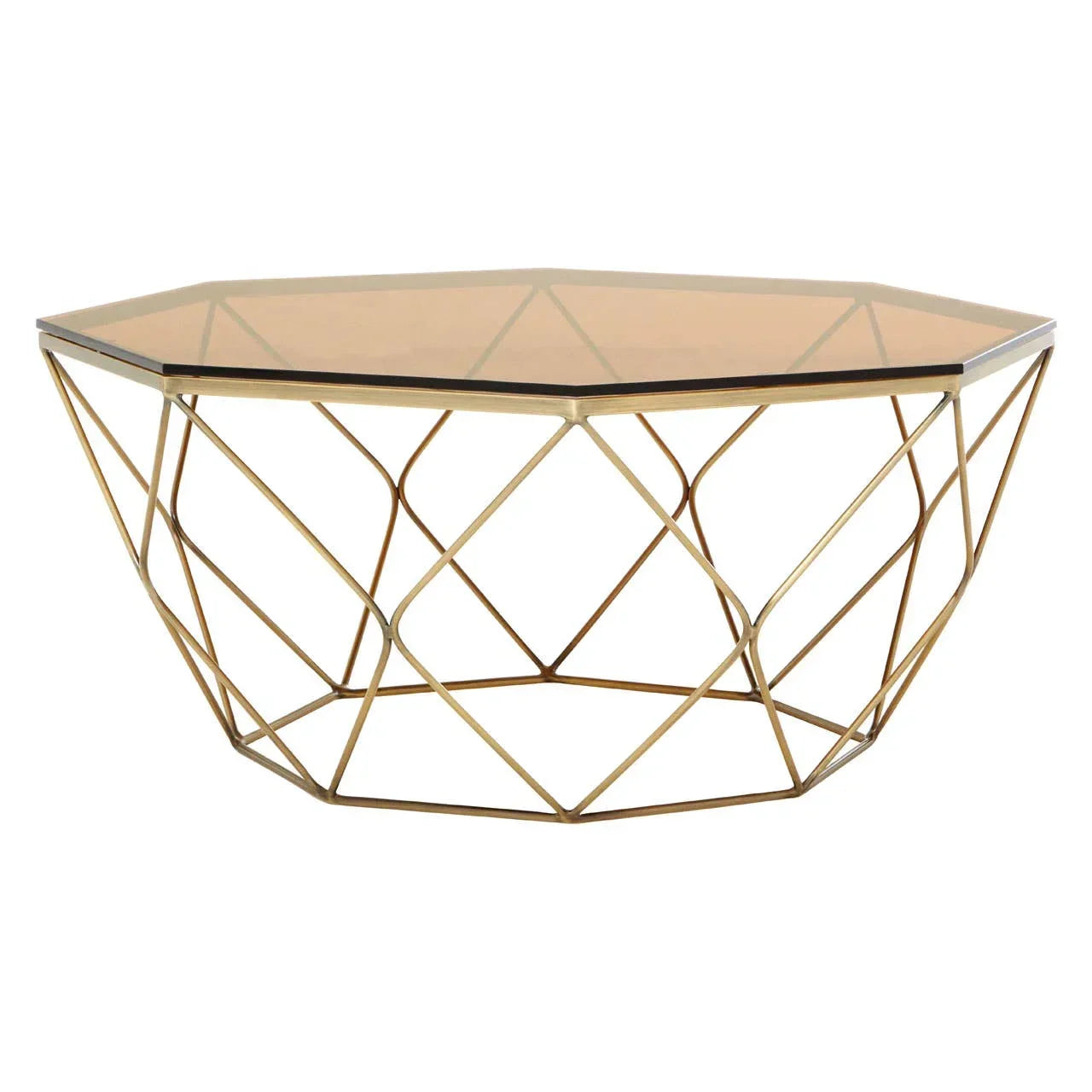 Glass top coffee table with gold geometric metal frame, shown from front angle