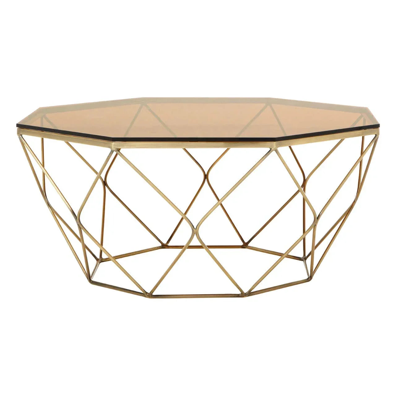 Gold metal geometric coffee table with glass top, modern living room furniture