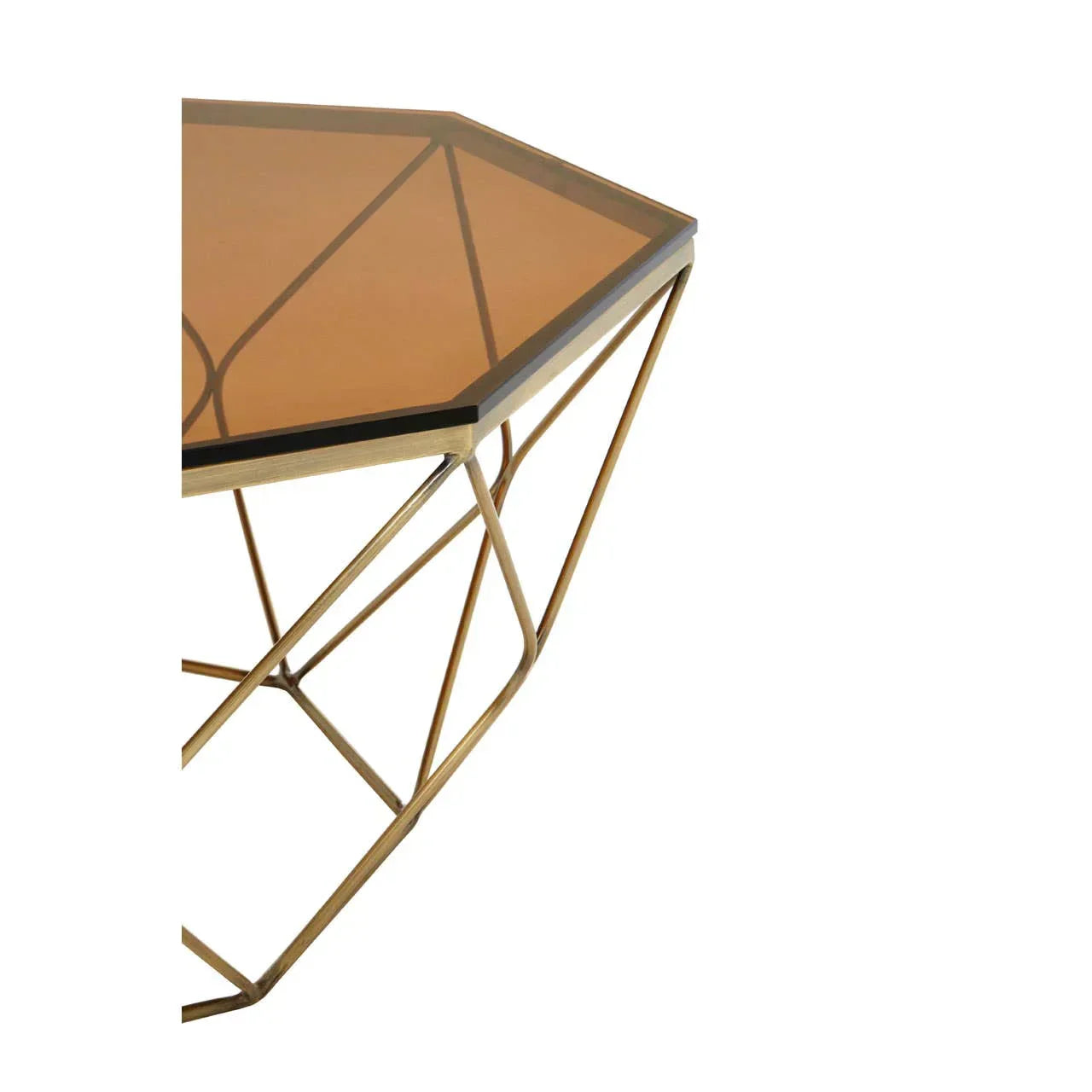 Geometric glass coffee table with bronze top and gold metal frame, close corner view