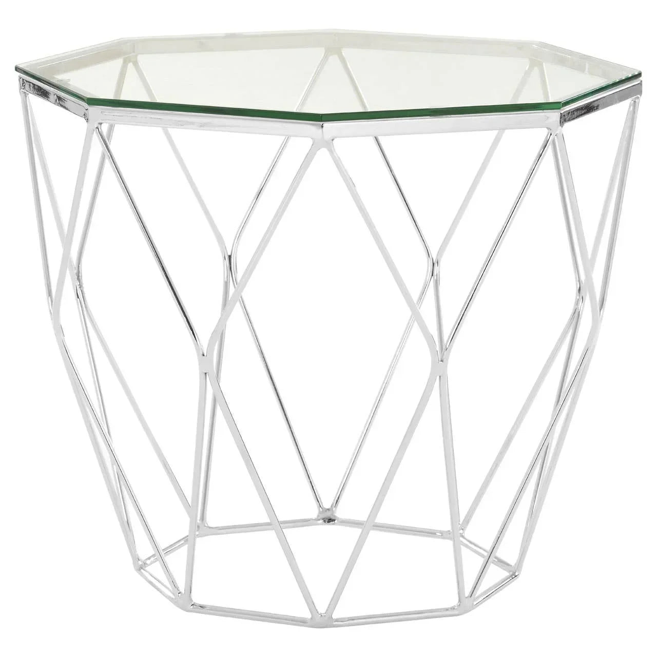 Geometric metal side table with glass top and chrome finish