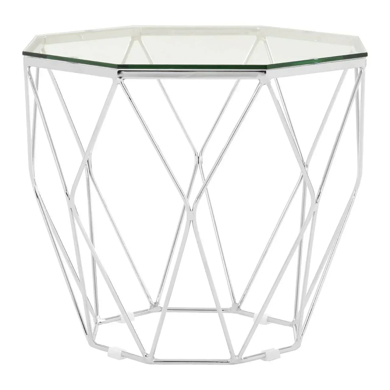 Glass top side table with geometric chrome metal base
