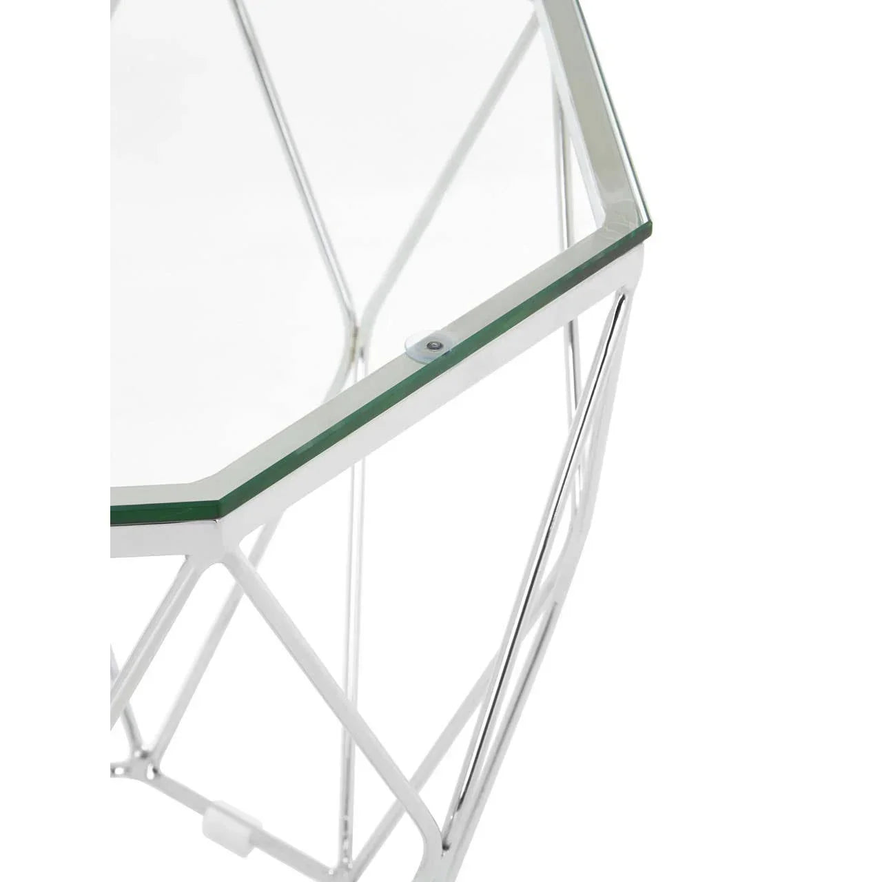 Glass top table with geometric chrome metal frame, close view of corner and edge details