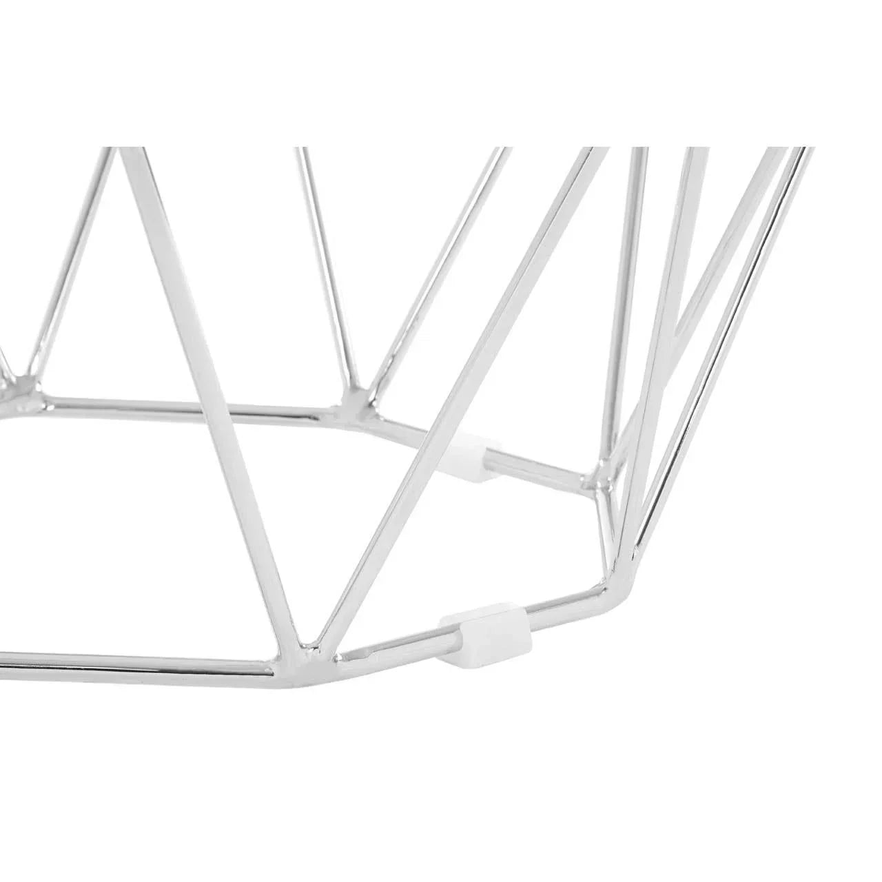 Chrome metal side table frame with geometric wire design, close-up view