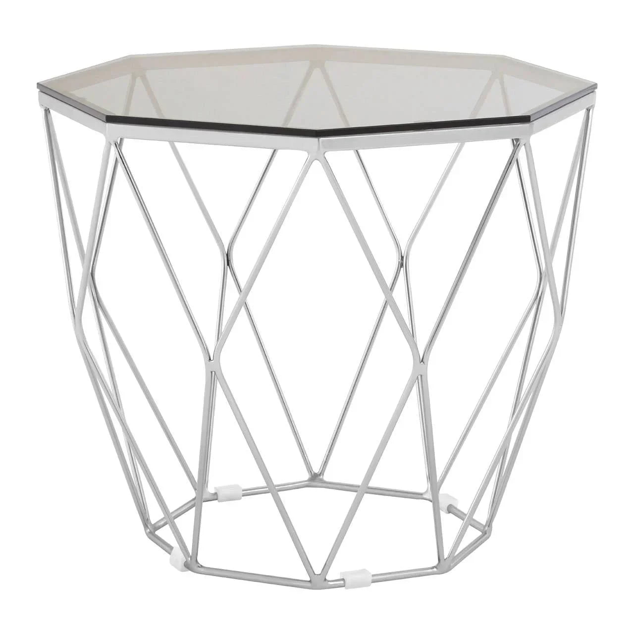 Geometric metal side table with hexagonal glass top and silver wire frame