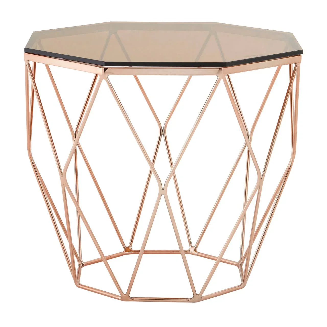 Geometric metal side table with glass top and rose gold finish