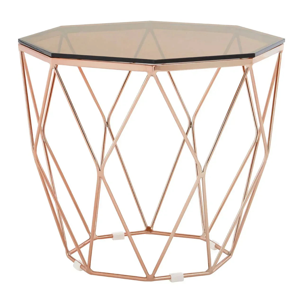 Geometric rose gold metal side table with smoked glass top