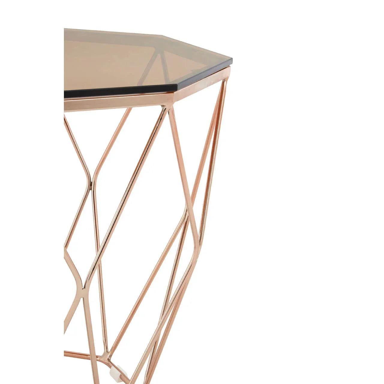 Hexagonal glass top side table with rose gold metal geometric frame