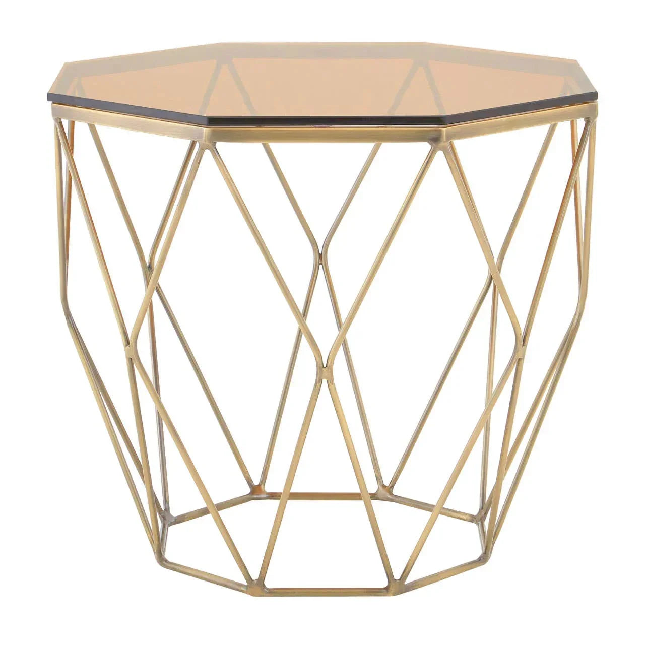 Gold metal side table with geometric wire base and tinted glass top