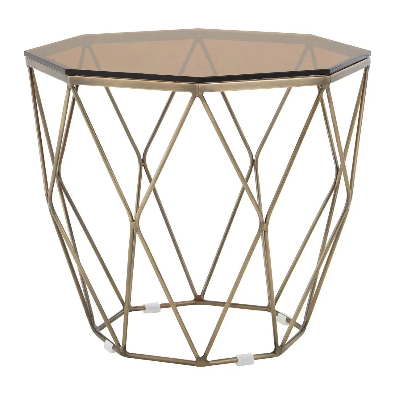 Hexagonal glass top side table with gold metal geometric frame