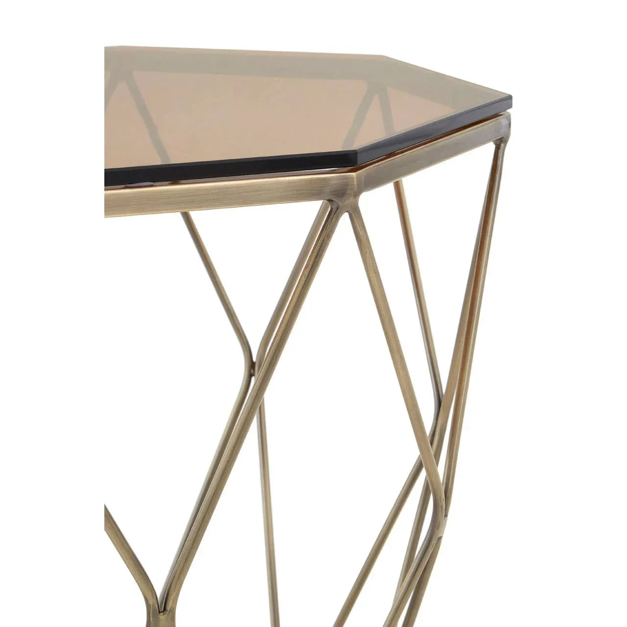 Hexagonal glass top side table with gold metal geometric frame, close view