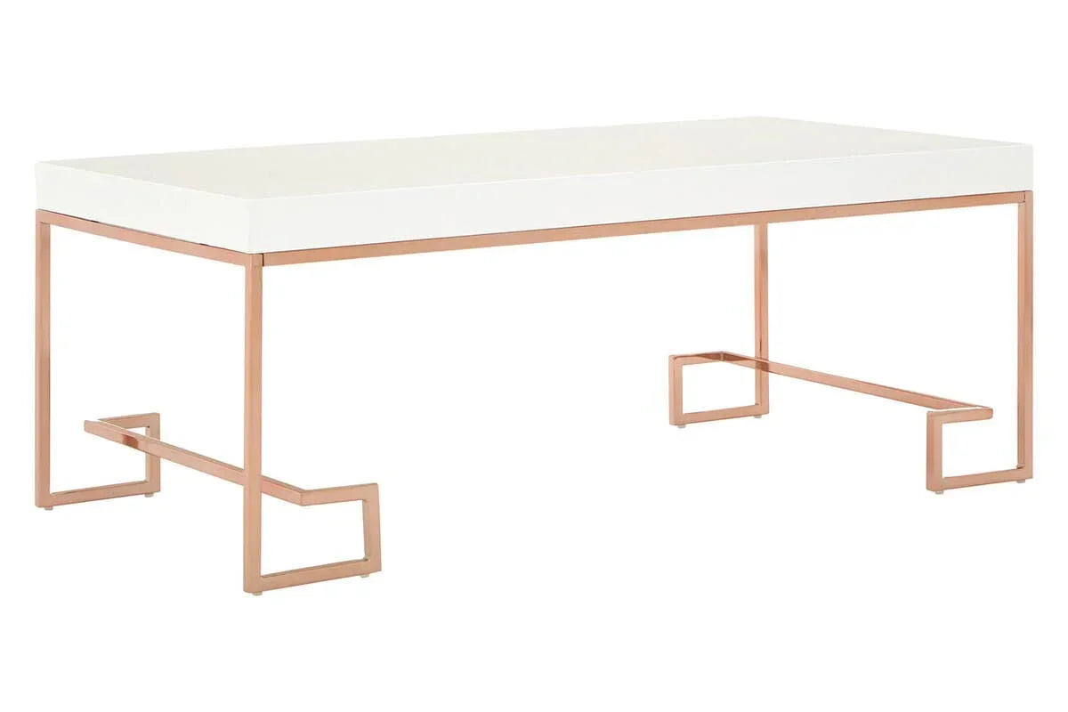 Modern coffee table with white top and rose gold metal frame