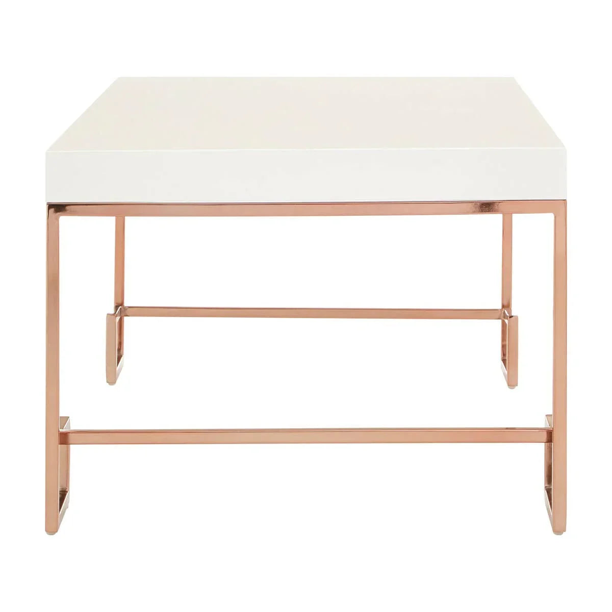 White coffee table with gold metal frame and modern square design, front view