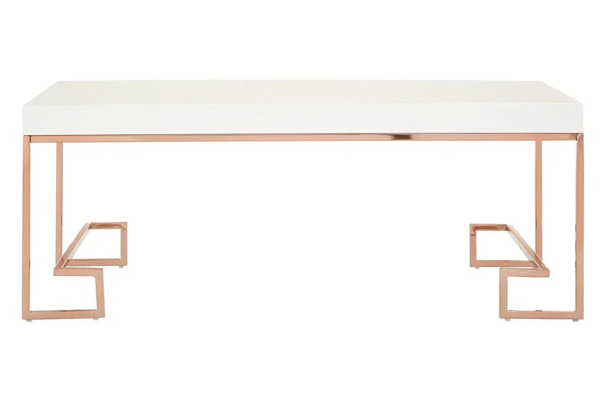 White rectangular coffee table with gold metal geometric legs, front view