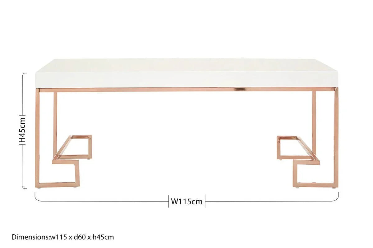 White coffee table with rose gold geometric metal legs, 115cm wide, 45cm high, modern design