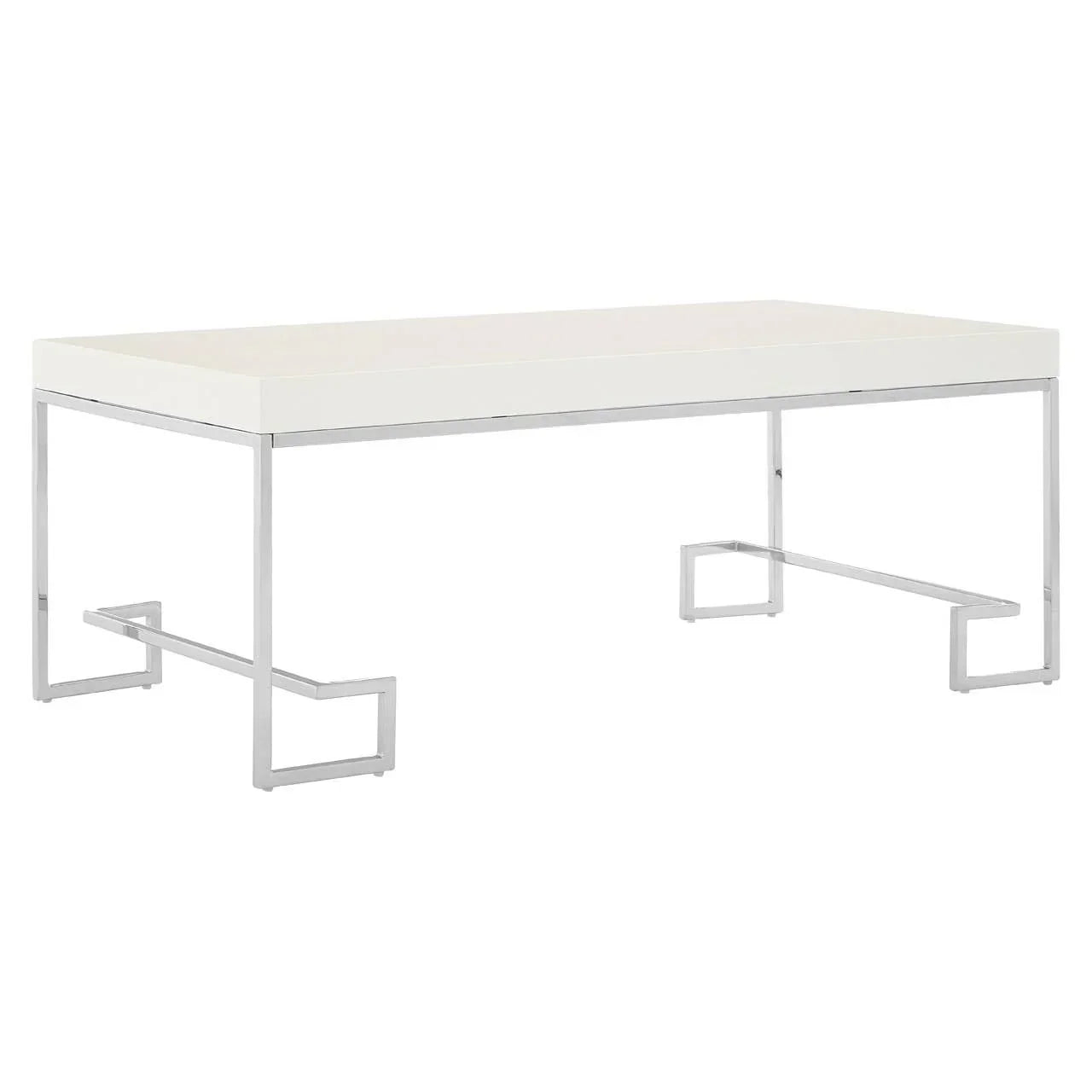 White rectangular coffee table with chrome metal legs and modern geometric base