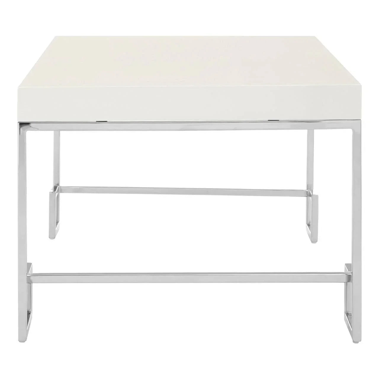 Modern white coffee table with chrome metal legs, front view