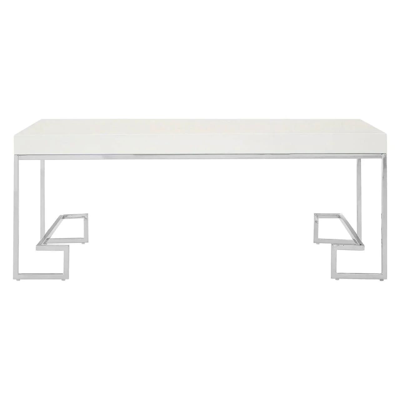 White dining table with chrome geometric legs, modern rectangular design, front view