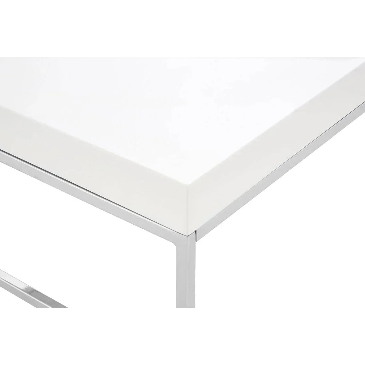 White dining table with glossy top and chrome metal frame corner detail
