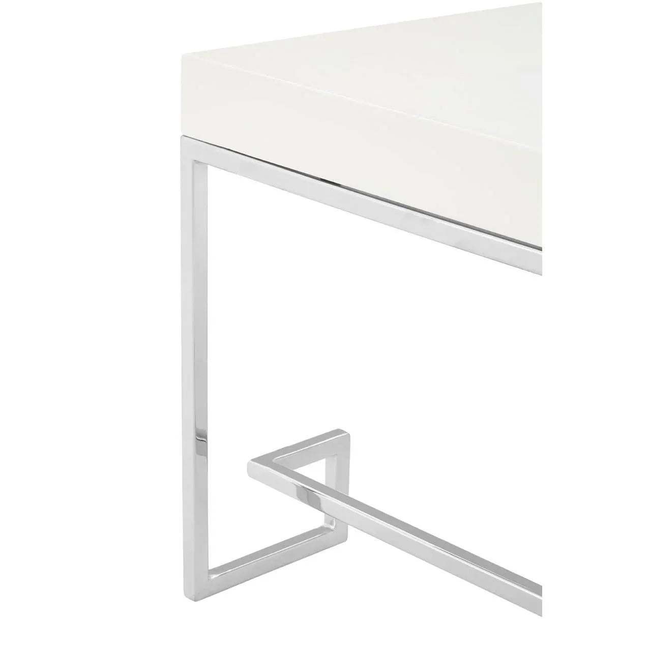 White gloss corner table with chrome metal frame and modern geometric leg design