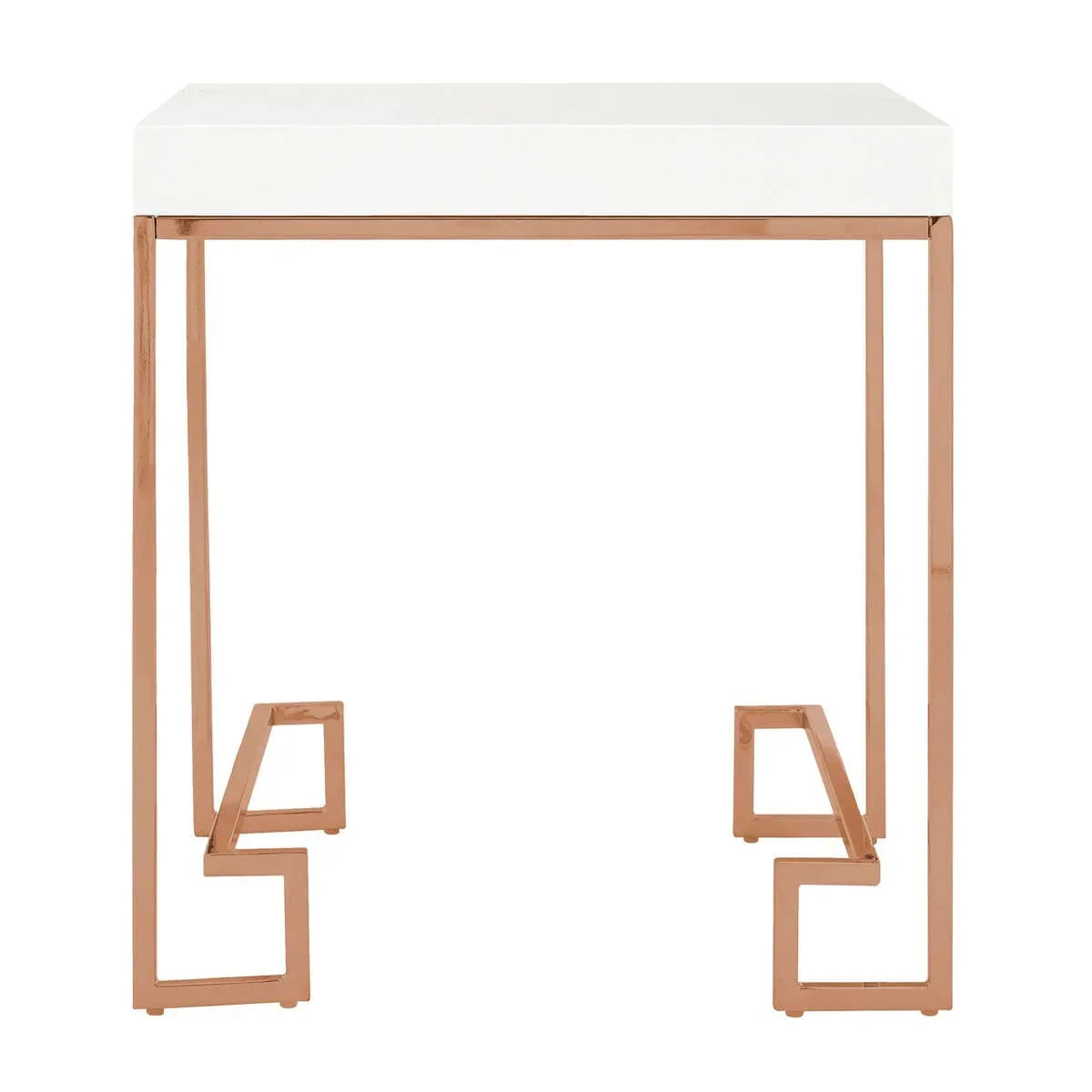 White marble side table with geometric gold metal legs, front view