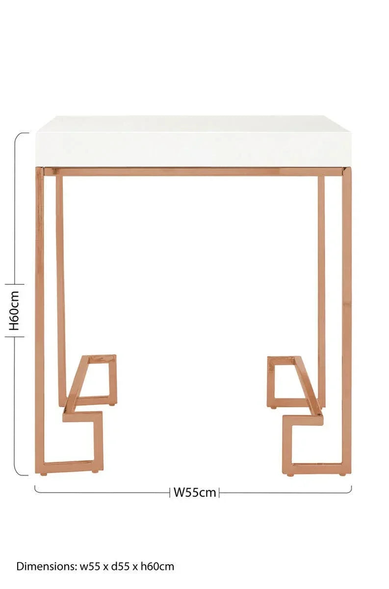 White side table with gold metal geometric legs, shown front view with dimensions 55x55x60cm