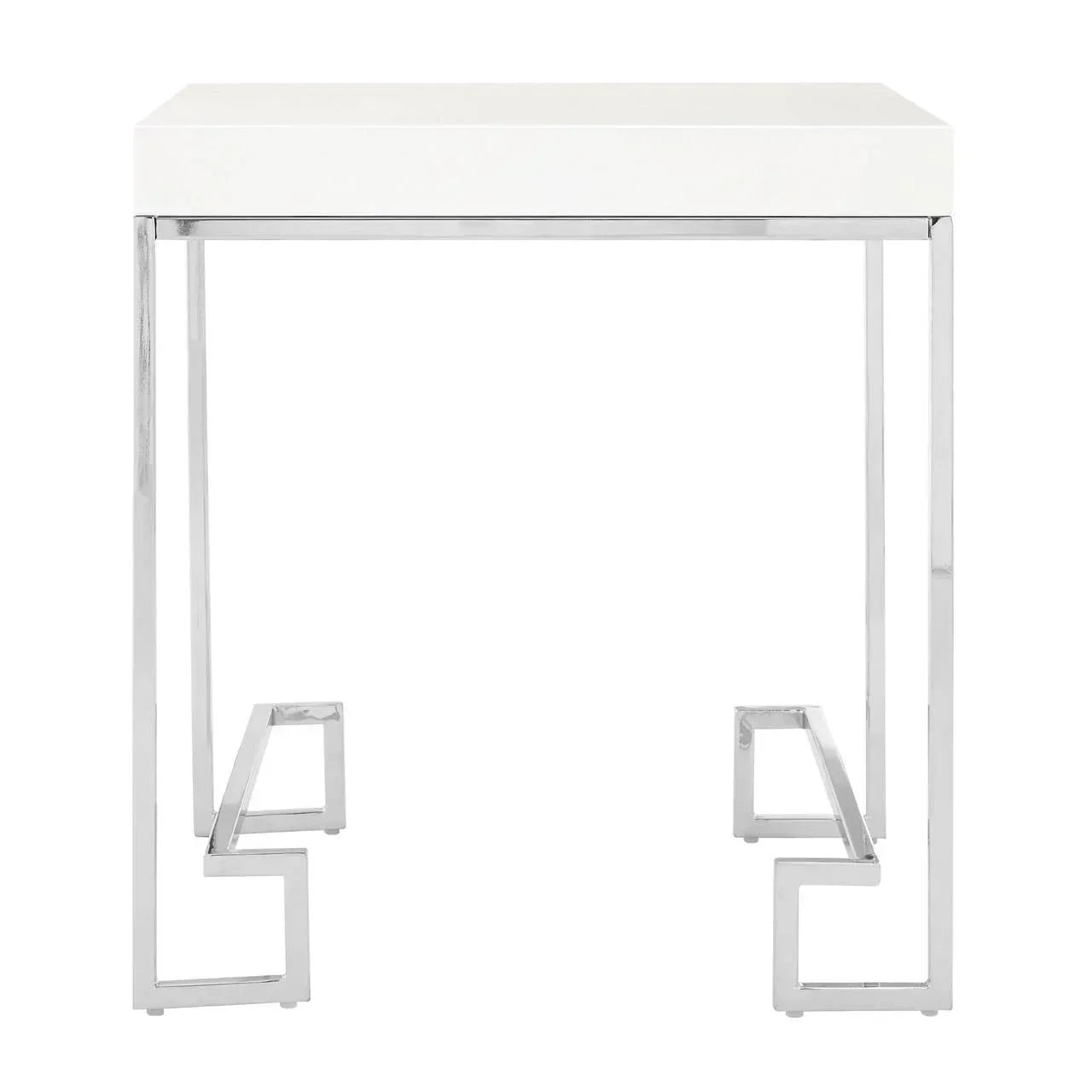 White console table with chrome geometric metal legs, front view