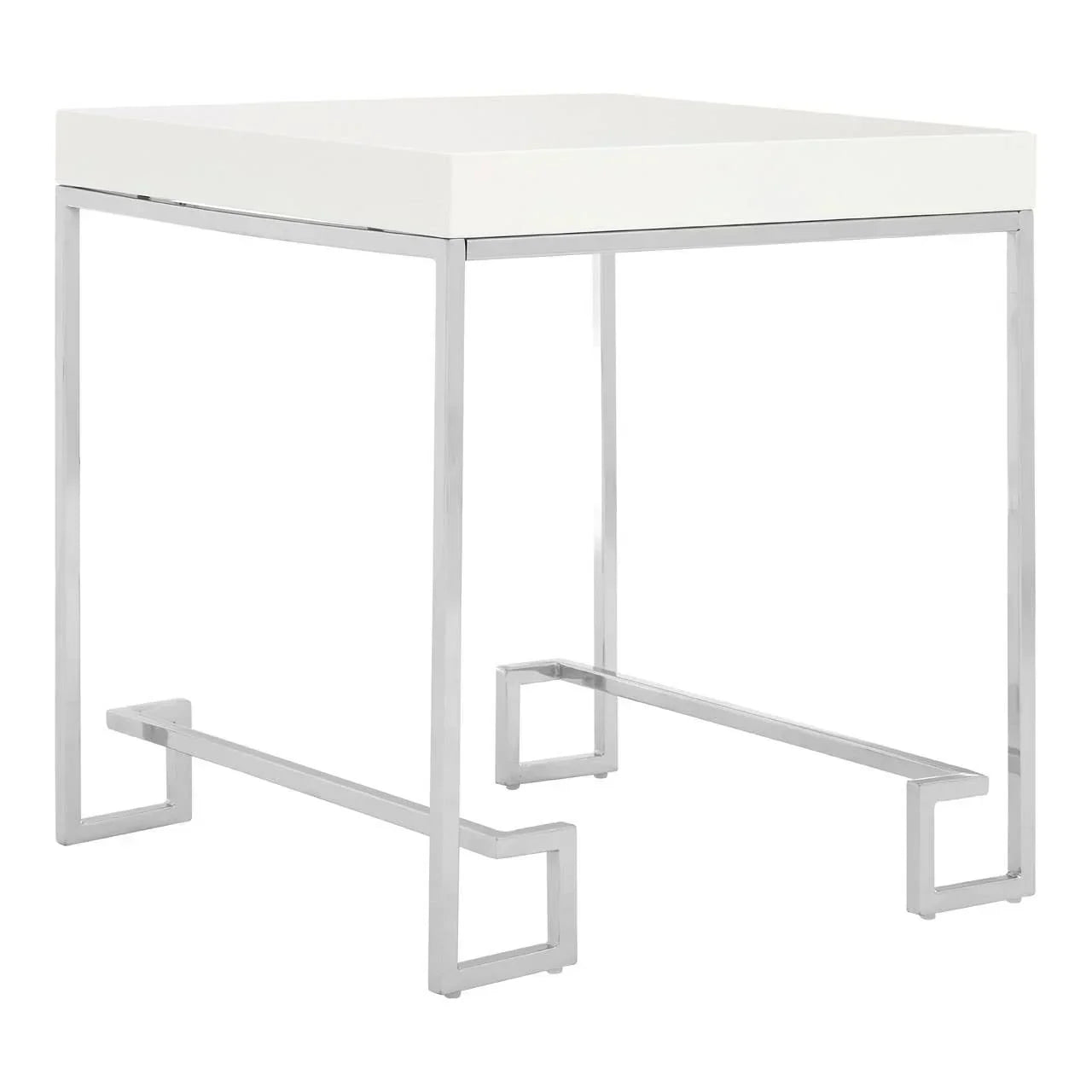 White square side table with chrome metal legs and modern geometric base