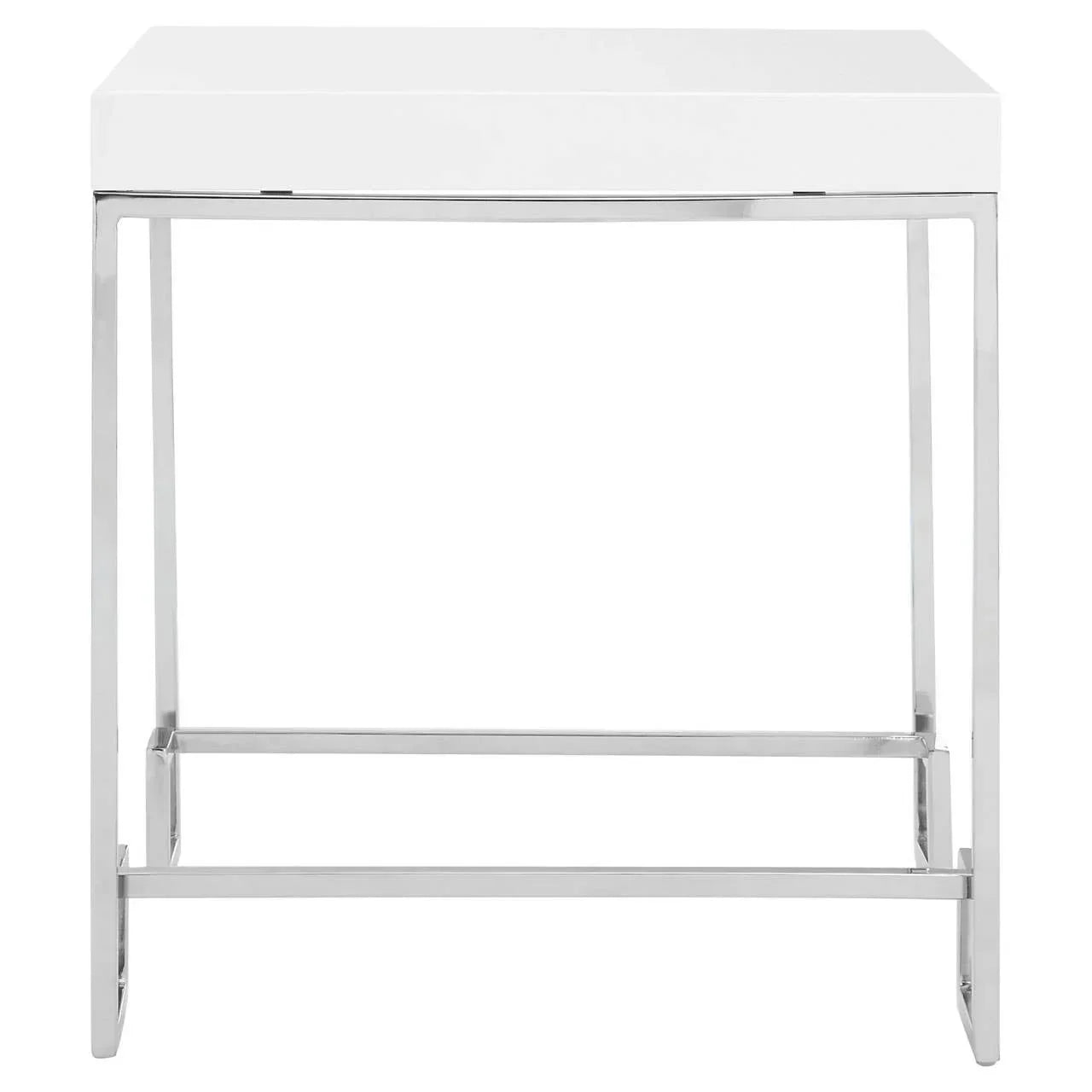White side table with high gloss top and chrome metal frame, front view