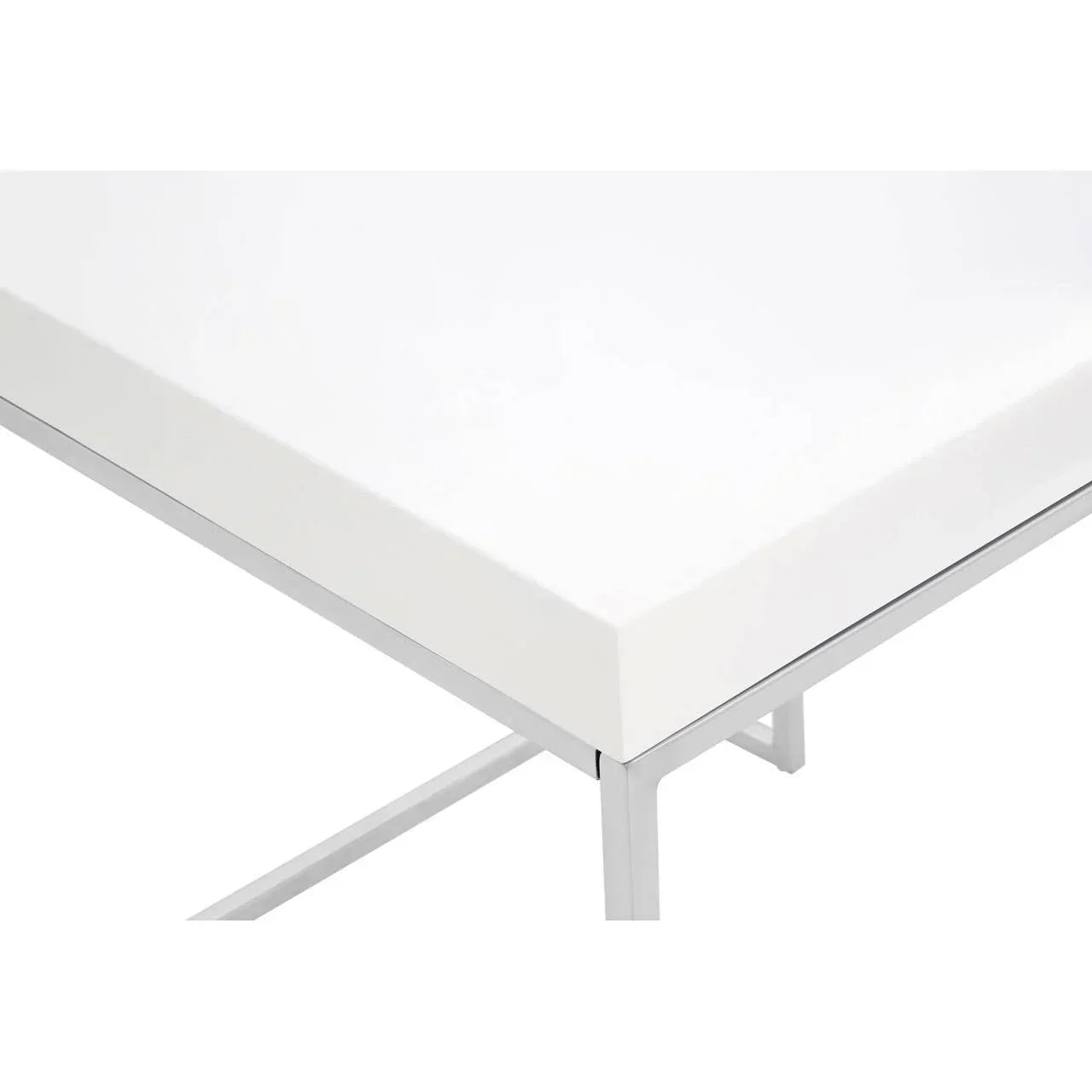 White table with metal legs, close-up of tabletop corner and frame detail